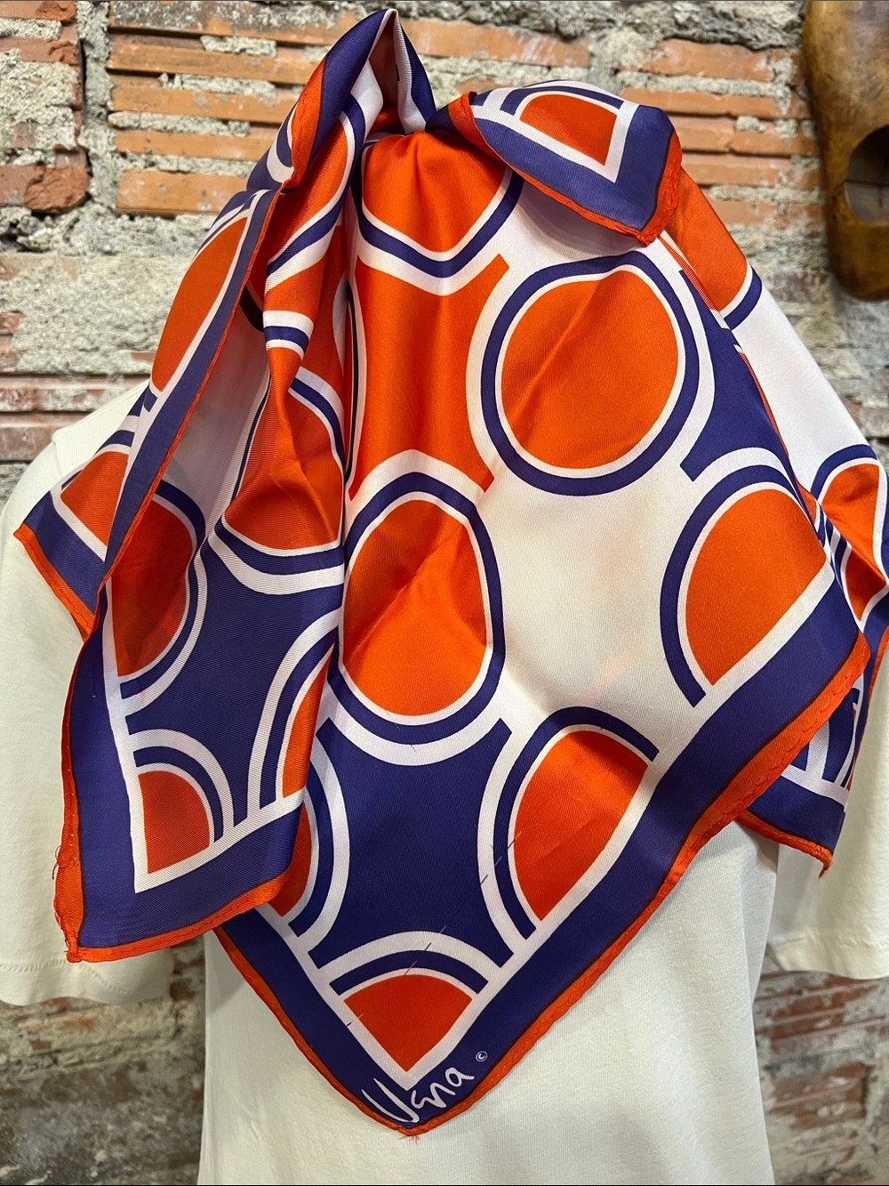Vintage Vera Neumann Square Geometric Red and Blue Scarf 23” Square circles